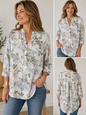 Angela Mara Floral Blouse Women’s Large 100% Cotton Italy Pastel Cottagecore Tun